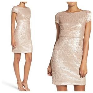 Adrianna Papell Dress Sequins Ruched Bridesmaids Formal Champagne Nude Size 6